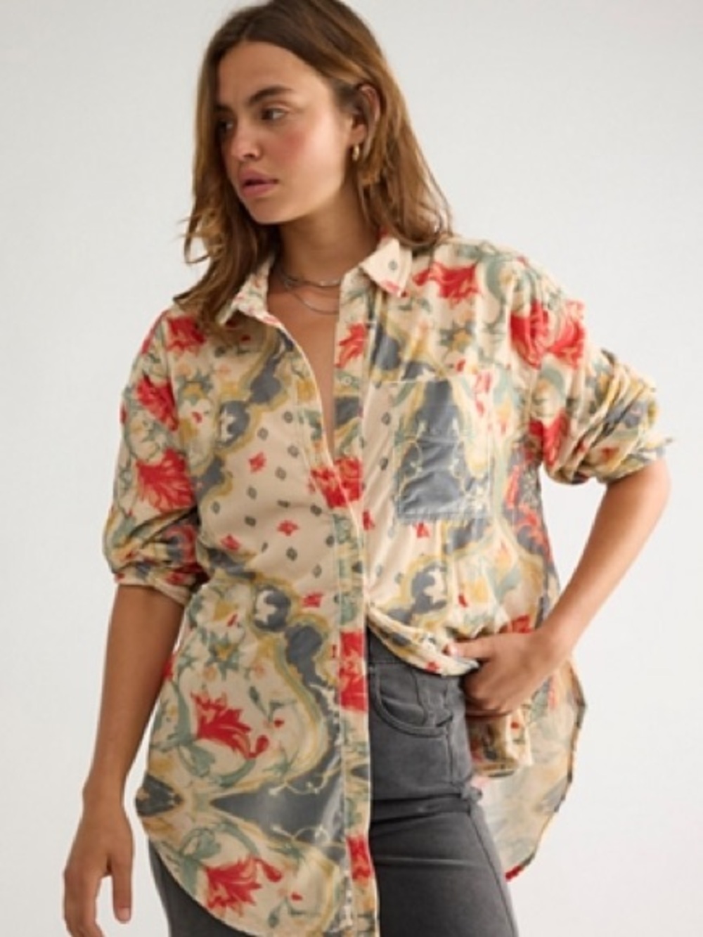 We The Free Floral Button-Down Shirt in Beige, Red & Blue